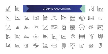 Grafik ve Grafik çizgi simgeleri. Vektör illüstrasyonu - veri analizi, diyagram, istatistik, histogram, bilgi istatistiği sunumu için ekonomi ana hatlı pictogram.