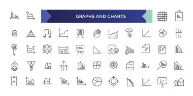 Grafik ve Grafik çizgi simgeleri. Vektör illüstrasyonu - veri analizi, diyagram, istatistik, histogram, bilgi istatistiği sunumu için ekonomi ana hatlı pictogram.