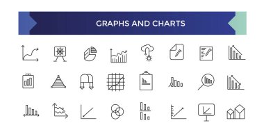 Grafik ve Grafik çizgi simgeleri. Vektör illüstrasyonu - veri analizi, diyagram, istatistik, histogram, bilgi istatistiği sunumu için ekonomi ana hatlı pictogram.