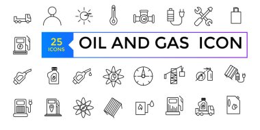 Petrol ve Gaz İlgili Vektör Hattı Simgeleri. Benzin kamyonu, benzin istasyonu, petrol fabrikası, ulaşım ve daha fazlası gibi ikonlar içeriyor. Düzenlenebilir Vuruş.
