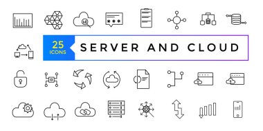 Sunucu ve Bulut Veri ilgili düzenlenebilir vuruş simgelerinin koleksiyonu, veri depolama, bulut depolama verileri, teknoloji hizmetleri, sunucu, veri ince çizgi simgeleri içerir