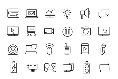 Bilgisayar ve Aygıt simgesi. aygıtlar ilgili vektör hattı simgeleri. Mobil, Tablet, Masaüstü, saat, oyun sahası ve kamera Taslak simgesi koleksiyonu.