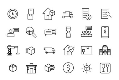 Lojistik ve Teslimat Simgeleri. Kamyon Teslimatı İlgili Vektör Hattı Simgeleri. Teslimat, Ekspres Nakliye gibi simgeler içeriyor. Taslak simge koleksiyonu.