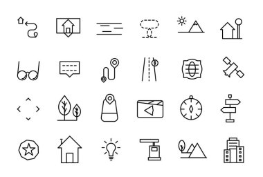 Yönlendirme simgeleri ayarlandı. İş, pazarlama, sosyal medya, UI ve UX, finans ve bankacılık, navigasyon, mobil uygulama için ince çizgi simgeleri.