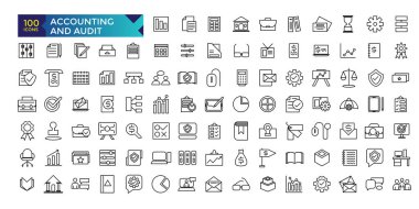 Muhasebe ve denetim hattı simgeleri muhasebe, denetim ve vergilerle ilgilidir. Taslak simge koleksiyonu. İş sembolleri. Vektör illüstrasyonu.