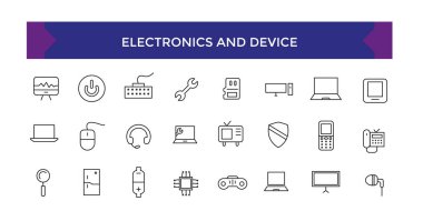 Elektronik ve Aygıt, Kişisel Aygıtlar ve İlgili Vektör Hattı Simgeleri. Mobil, Tablet, Masaüstü PC Çalışma İstasyonu gibi içerikler, izle