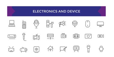 Elektronik ve Aygıt, Kişisel Aygıtlar ve İlgili Vektör Hattı Simgeleri. Mobil, Tablet, Masaüstü PC Çalışma İstasyonu gibi içerikler, izle
