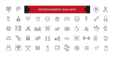 Eğlence ve Sanat ikonları. Hobi, eğlence, yaşam tarzı simgeleri. İnce taslak simgelerinin toplanması. Vektör illüstrasyonu.