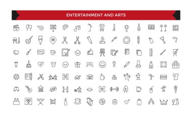 Eğlence ve Sanat ikonları. Hobi, eğlence, yaşam tarzı simgeleri. İnce taslak simgelerinin toplanması. Vektör illüstrasyonu.