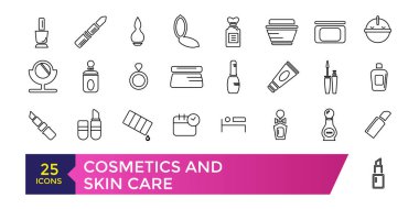 Kozmetik ve cilt bakım ikonu seti. Nemlendirici krem, asit, kırışıklık önleyici serum, cilt bakımı ürünleri için güneş kremi..