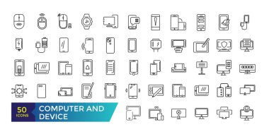 Bilgisayar ve Aygıt simgesi ayarlandı. Aygıt düz çizgi simgeleri ayarlandı. Bilgisayar, bilgisayar, akıllı telefon, masaüstü, ofis fotokopi makinesi vektör çizimleri.