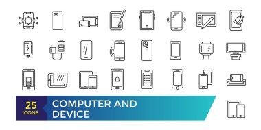 Bilgisayar ve Aygıt simgesi ayarlandı. Aygıt düz çizgi simgeleri ayarlandı. Bilgisayar, bilgisayar, akıllı telefon, masaüstü, ofis fotokopi makinesi vektör çizimleri.
