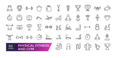 Fiziksel Fitness ikonu seti. Web tasarımı ve semboller koleksiyonu için açık hava fitness vektör simgeleri dizisi.