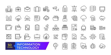 Bilgi teknolojisi makine öğrenme, veri analizi ince çizgi simgeleri vektör illüstrasyonunu ayarlar. Özet algoritmalar ve otomatik akıllı işlem simgesi koleksiyonu.