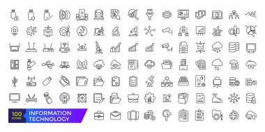 Bilgi teknolojisi makine öğrenme, veri analizi ince çizgi simgeleri vektör illüstrasyonunu ayarlar. Özet algoritmalar ve otomatik akıllı işlem simgesi koleksiyonu.