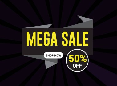 Mega Satış Sancak Şablonu Tasarımı,% 50 'ye kadar indirimli büyük indirim. Süper Satış, sınırlı zaman sadece sezon sonu özel teklif afişi. vektör illüstrasyonu.