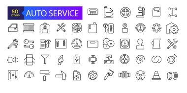 Otomatik Servis, mobil konseptler ve web uygulamaları için elementlerle vektör çizgisi simgeleri, otomatik onarım ve taşımacılık ayarla.