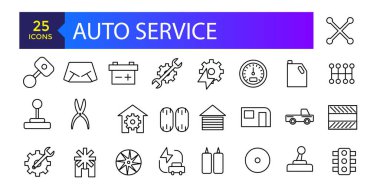 Otomatik Servis, mobil konseptler ve web uygulamaları için elementlerle vektör çizgisi simgeleri, otomatik onarım ve taşımacılık ayarla.