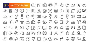Fotoğraf ikonları. Fotoğraf stüdyosu ışığı, kameralar ve kamera tripod hattında. Fotoğraf objektifi teknolojisi, farklı dijital ve klasik kamera piktogramı.