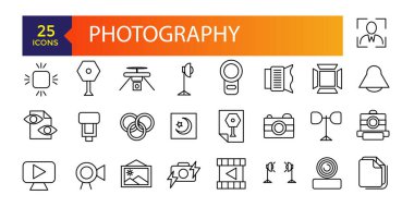 Fotoğraf ikonları. Fotoğraf stüdyosu ışığı, kameralar ve kamera tripod hattında. Fotoğraf objektifi teknolojisi, farklı dijital ve klasik kamera piktogramı.