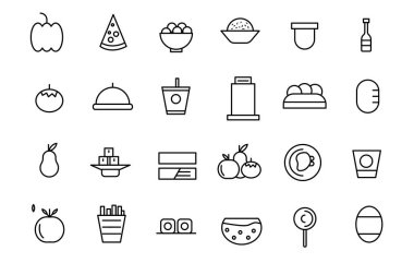 Yiyecek ve içecek ikonu. Restoran çizgisi simgeleri ayarlandı. Meyve Sepeti, Noddles, Sağlıklı Meyve Smoothie ve daha fazlası gibi simgeler içerir.