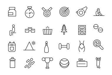 Fiziksel Fitness ikonu seti. Sağlık, ruh sağlığı, sağlık, kozmetik, kaplıca, sağlık ve sağlık konularında çizgi simgeleri.