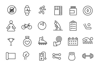 Fiziksel Fitness ikonu seti. Sağlık, ruh sağlığı, sağlık, kozmetik, kaplıca, sağlık ve sağlık konularında çizgi simgeleri.