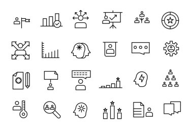 Takım çalışması Simgesi Kümesi ve İş Adamları Vektör Hattı Simgeleri. Bire bir Buluşma, İşyeri, İş İletişim, Takım Yapısı gibi Simgeler içerir.