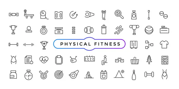 Fiziksel Fitness ikonu seti. Sağlık, ruh sağlığı, sağlık, kozmetik, kaplıca, sağlık ve sağlık konularında çizgi simgeleri.