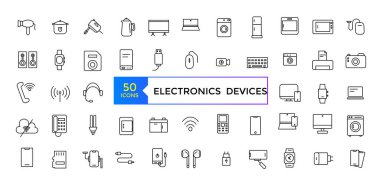Elektronik cihazlar ve ev aletleri simgeleri. Taslak simge koleksiyonu. Elektronik simgeler ayarlandı.