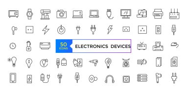 Elektronik cihazlar ve ev aletleri simgeleri. Taslak simge koleksiyonu. Elektronik simgeler ayarlandı.