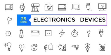 Elektronik cihazlar ve ev aletleri simgeleri. Taslak simge koleksiyonu. Elektronik simgeler ayarlandı.