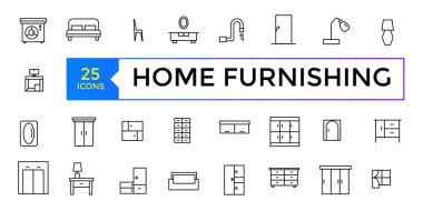 Ev döşeme ikonu vektör izole koleksiyonu. Mobilyalar, çizgi simgeleri hazır. Mobil uygulamalar web ya da site tasarımı için siyah ana hatlı logo koleksiyonu. İç vektör.