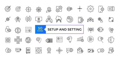 Ayarlama ve ayarlama, Gear İlgili Vektör Satırı Simgeleri. Mühendislik, Süreç, Ayarlar ve daha fazlası gibi simgeler içerir. Vektör illüstrasyonu