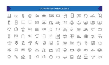 Bilgisayar ve Aygıt simgesi ayarlandı. Elektronik cihazlar ince çizgi simgeleri. Taslak sembol koleksiyonu.