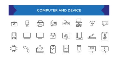 Bilgisayar ve Aygıt simgesi ayarlandı. Elektronik cihazlar ince çizgi simgeleri. Taslak sembol koleksiyonu.
