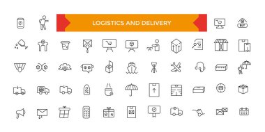 Lojistik ve Teslimat ikonu ayarlandı. İlgili Vektör Hattı Simgeleri Gönderiliyor. İçinde Kurye ve Paket Koruma gibi simgeler var. Taslak sembol koleksiyonu.