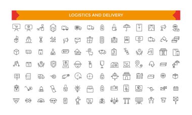 Lojistik ve Teslimat ikonu ayarlandı. İlgili Vektör Hattı Simgeleri Gönderiliyor. İçinde Kurye ve Paket Koruma gibi simgeler var. Taslak sembol koleksiyonu.