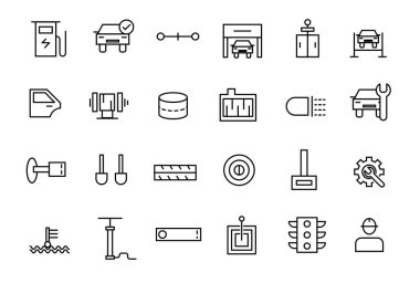 Araba ve otomobil iş konseptlerinin vektör çizgisi simgeleri, araç servis simgeleri ayarlandı.