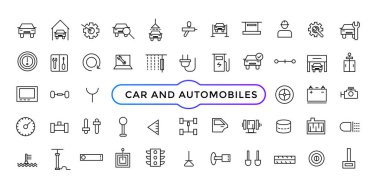 Araba ve otomobil iş konseptlerinin vektör çizgisi simgeleri, araç servis simgeleri ayarlandı.