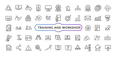 Eğitim ve atölye çizgisi simgeleri koleksiyonu. Büyük UI simgesi seti. İnce taslak simgeler paketi. V vektör illüstrasyonu.