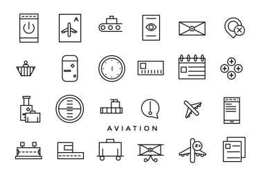 Havacılık ve düzlem vektör çizgisi simgesi kümesi. İçinde uçakların, yerkürelerin sembolleri var..