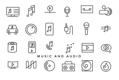 Müzik ve Ses Video Simgeleri Paketi. İnce çizgi simgeleri ayarlandı. Düz simge koleksiyonu seti.