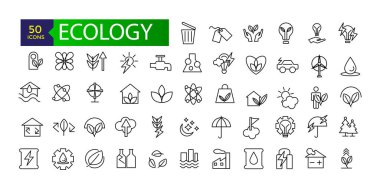Ekoloji ve Çevre Çizgisi simgesi seti. Doğa ve Yenilenebilir Enerji ikonları. Taslak vektör imza koleksiyonu.