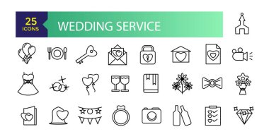 Düğün servis simgeleri ana hatları belirledi. Web sitesi düğün servisi simgeleri gibi web adresi, evlilik yemini, çiçek, düğün planlayıcısı.