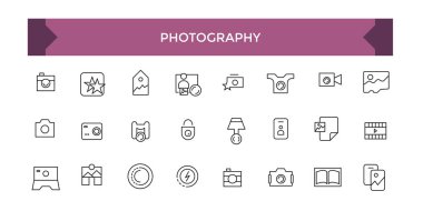 Fotoğraf ikonu seti. Stüdyo ışığı, kameralar ve kamera tripod hattında. Fotoğraf merceği teknolojisi, farklı dijital ve klasik.