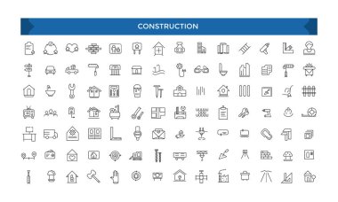 İnşaat ve mimari ince çizgi simgesi seti. Taslak sembol koleksiyonu. Çalışma, inşaat, çalışma günü ve yenileme ile ilgili çizgi simgeleri.