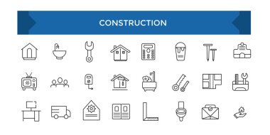 İnşaat ve mimari ince çizgi simgesi seti. Taslak sembol koleksiyonu. Çalışma, inşaat, çalışma günü ve yenileme ile ilgili çizgi simgeleri.