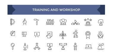 Eğitim hattı simgeleri koleksiyonu. Modern kavramlar için iş eğitiminin vektör çizgisi simgeleri.