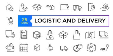 Tedarik zinciri ile ilgili bir dizi çizgi simgesi. Taslak vektör simgeleri kümesi. Yükleme, Ekspres Teslimat, Lojistik ve Teslimat.